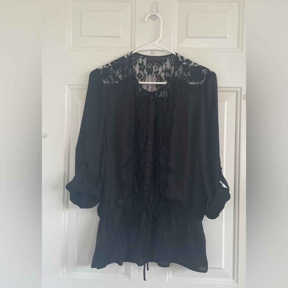 Hale Bob Satin Roll tab Sleeves Drawstring Lace Blouse Size S